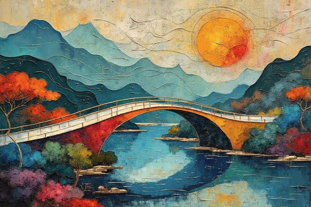 Stylized Sunset Mountain Bridge