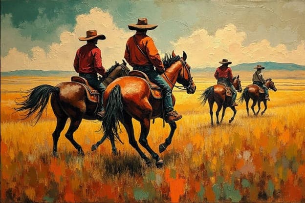 Cowboys Riding Away Golden Field