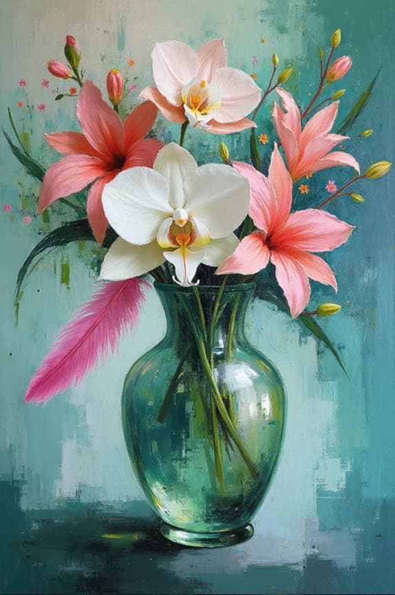 Orchid Lily Feather Green Vase