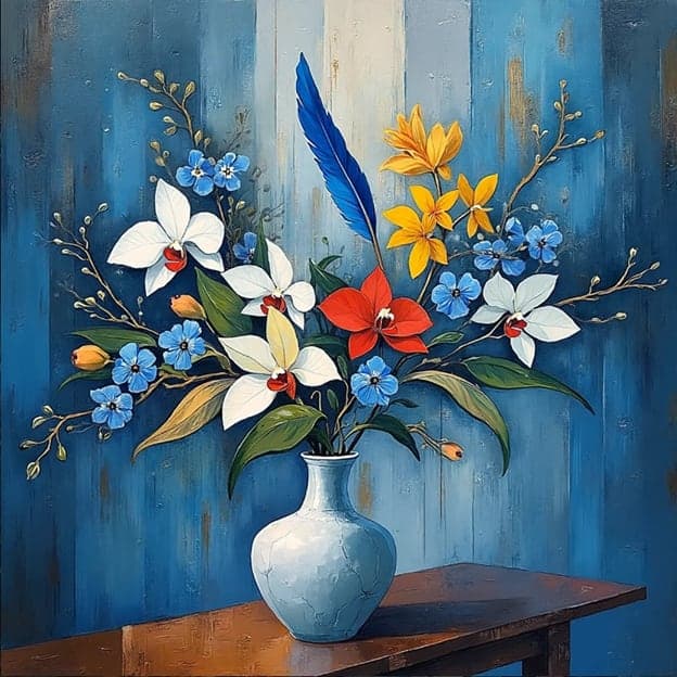 Orchid Blue Feather White Vase