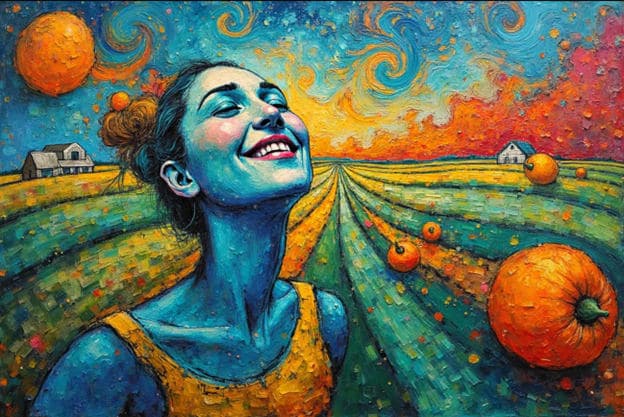 Smiling Woman Pumpkin Field
