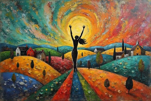 Silhouette Arms Raised Village Sunburst
