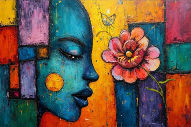 Teal Face Flower Blocks Butterfly