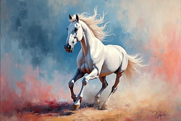 White Horse Gallop Pastel Cloud Signed