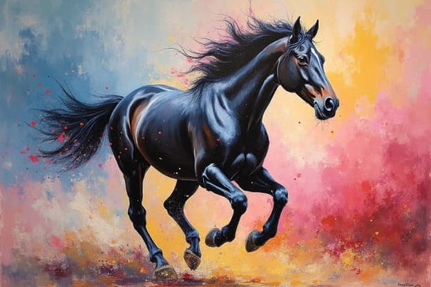 Black Horse Gallop Pink Yellow Cloud Signed
