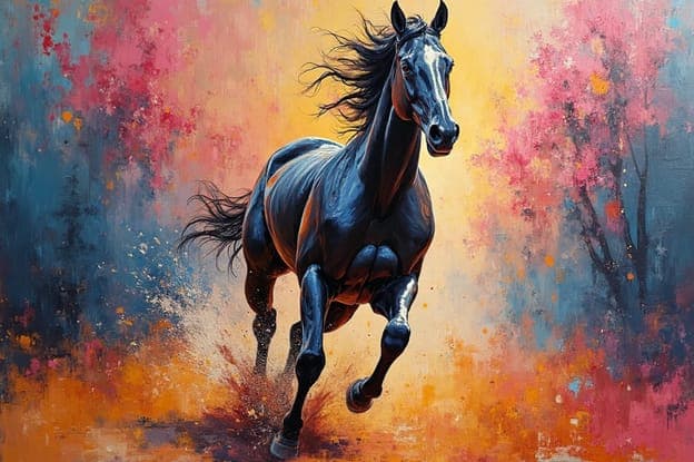 Black Horse Gallop Pink Yellow Trees