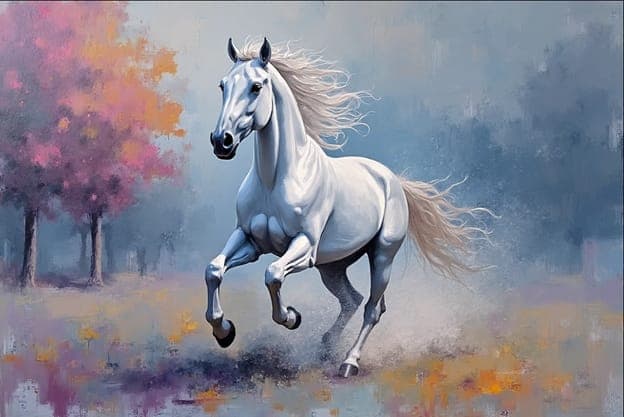 Gray Horse Gallop Blue Pink Trees