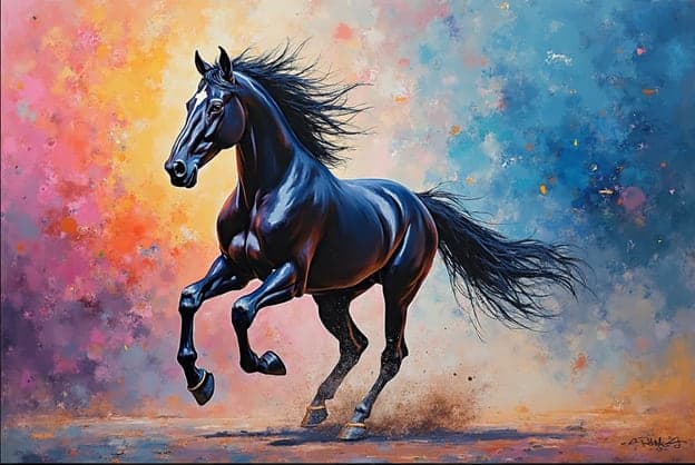 Black Horse Gallop Splatter Bg Signed
