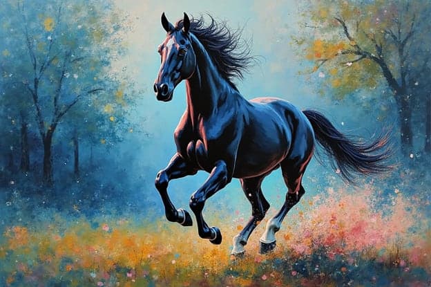 Black Horse Gallop Blue Trees Flowers