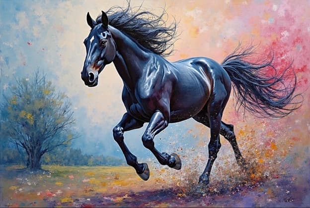 Black Horse Gallop Bare Trees Glossy