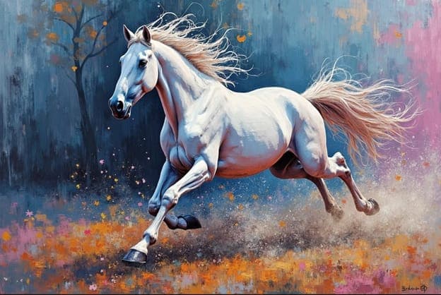 White Horse Gallop Tree Flowers Signed