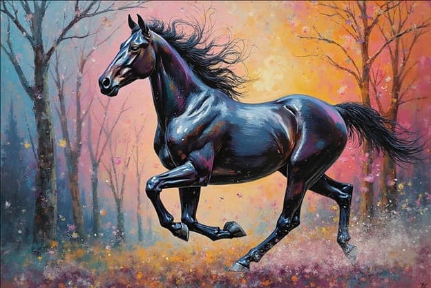 Black Horse Gallop Backlit Orange Trees