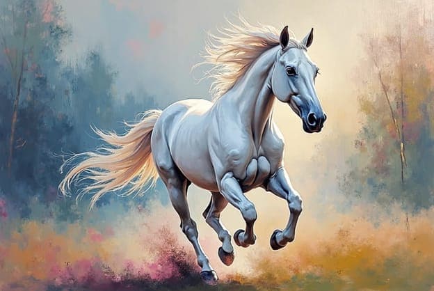White Horse Gallop Pastel Trees Soft Light