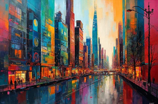 Neon City Canal Dusk