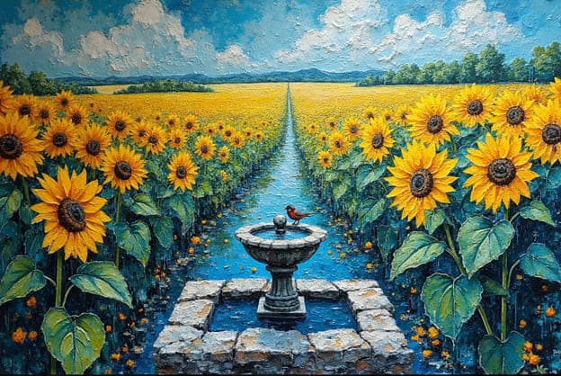 Sunflower Field Fountain Bird