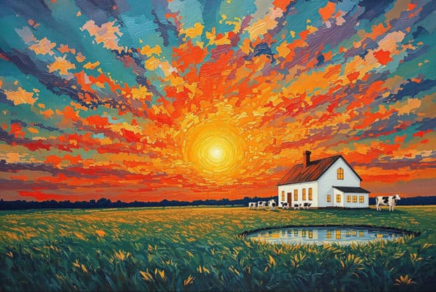 Farmhouse Sunset Field Cows