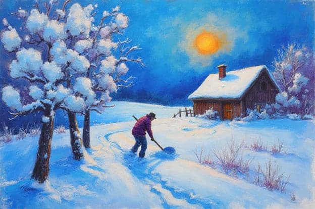 Snowy Cabin Shoveling Path 2