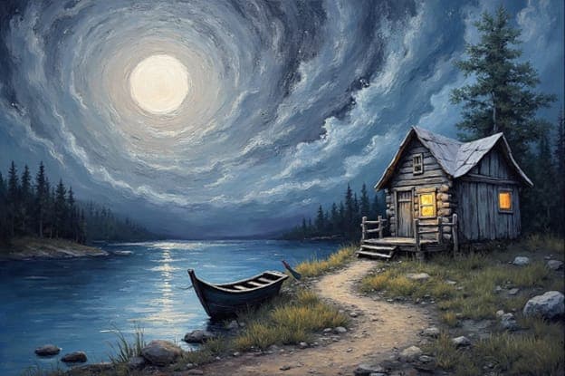 Full Moon Lake Cabin Boat Swirl