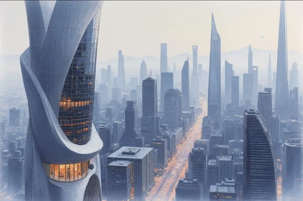 Futuristic Spiral Tower Skyline Dusk