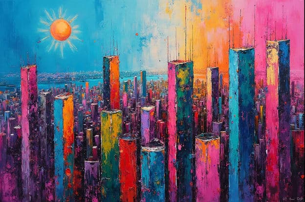 Colorful Abstract City Skyline Sunburst