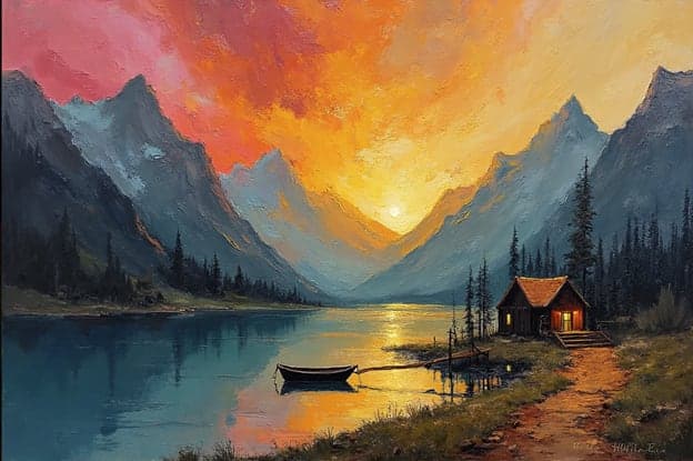 Mountain Lake Cabin Fiery Sunset