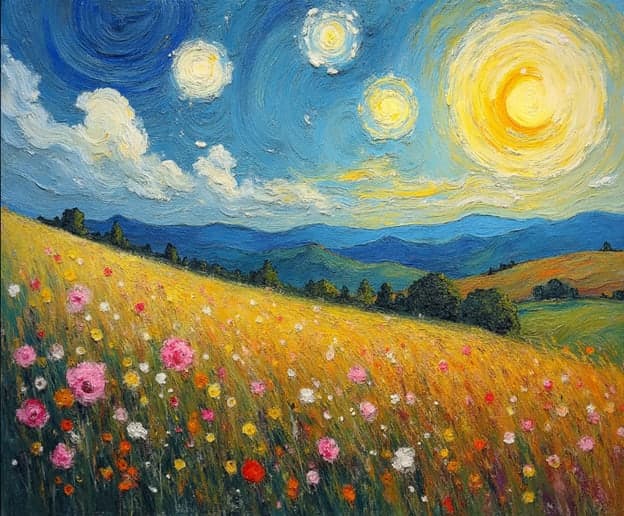 Van Gogh Style Wildflower Field Swirl Sky