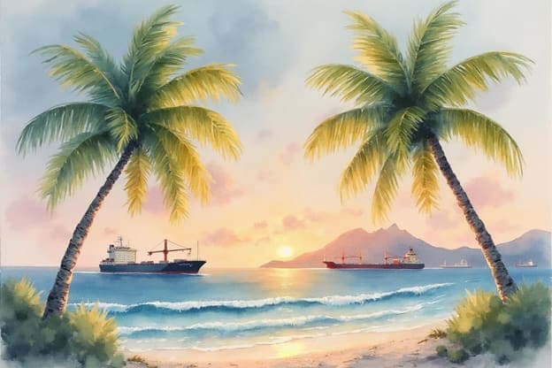 Palm Trees Ocean Cargo Ships Sunset