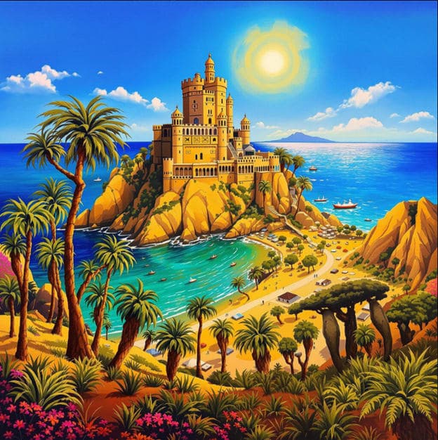 Castle Coastal Cliff Palm Trees Vector