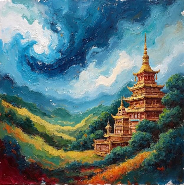 Golden Pagoda Mountain Valley Swirl Sky