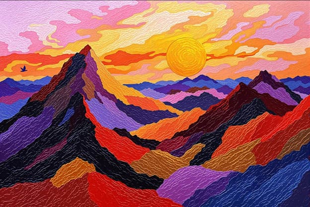 Textured Mountains Sunset Bird Pink Purple