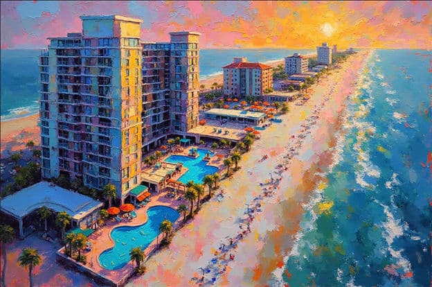 Aerial Beach Resort Towers Pool Sunset
