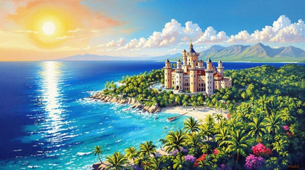 Coastal Castle Island Palm Trees Sunset