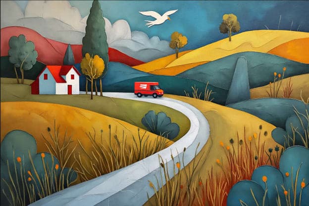 Folk Art Delivery Van Winding Road Bird