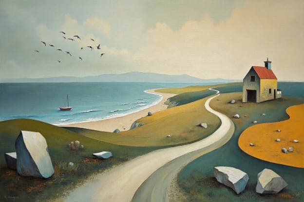 Coastal Cottage Path Rocks Boat Birds