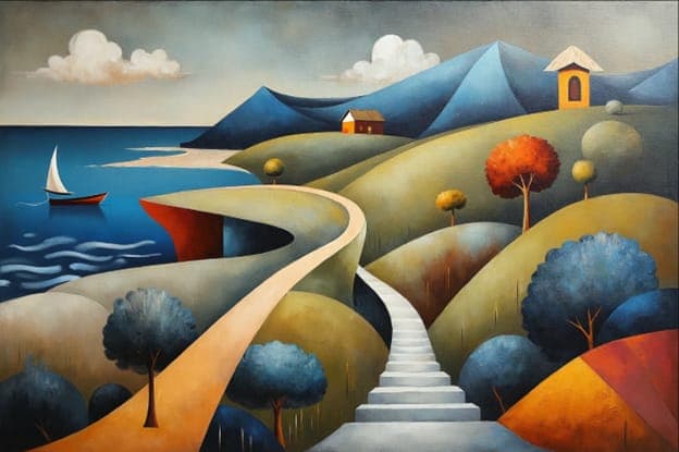 Coastal Path Staircase Cottage Boat Mountains