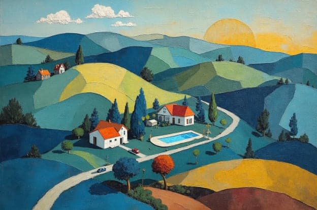 Aerial Village River Patchwork Sunset Gold