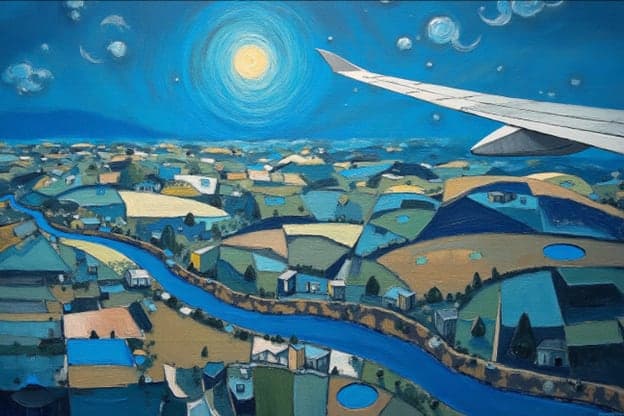 Cubist Night City River Airplane Wing Moon