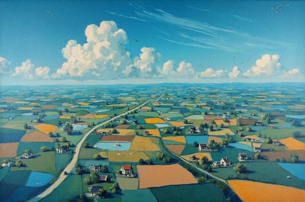 Aerial Patchwork Farmland Winding Road Clouds