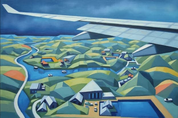 Airplane Wing Aerial River Village Boats