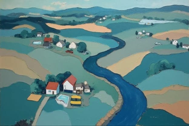 Aerial Patchwork Farmland River Village Pool