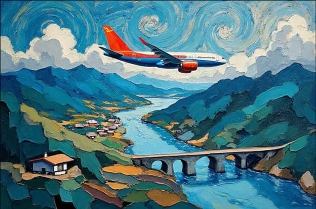 Airplane Mountain River Village Swirl Sky