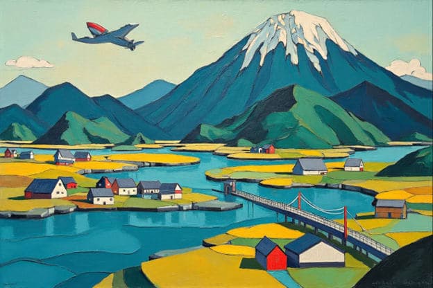 Airplane Mount Fuji Village River Bridge Cubist