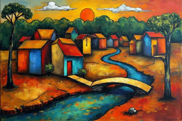 Folk Art Village Houses Stream Sunset Bridge