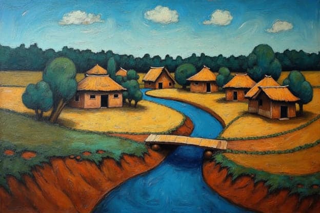 African Village Huts River Bridge Folk Art