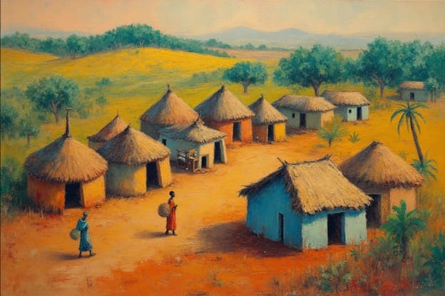 African Village Huts Figures Walking