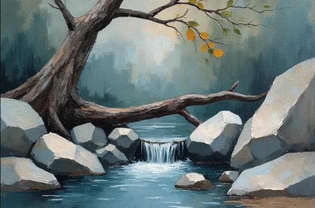 Bare Branch Autumn Leaves Waterfall Boulders