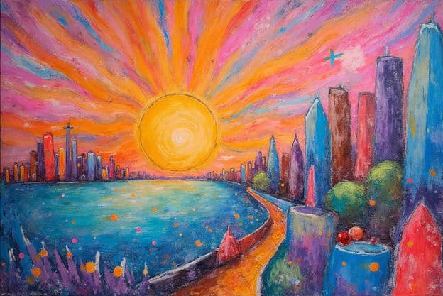 Colorful Abstract Sunset Skyline Harbor Plane