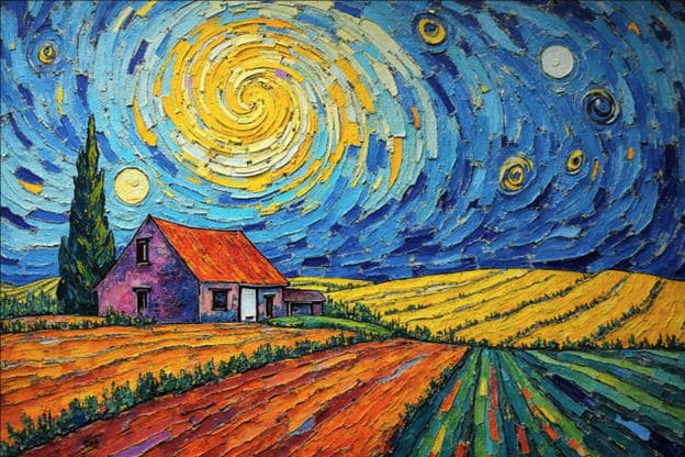 Impasto Van Gogh Farmhouse Starry Swirl Sky