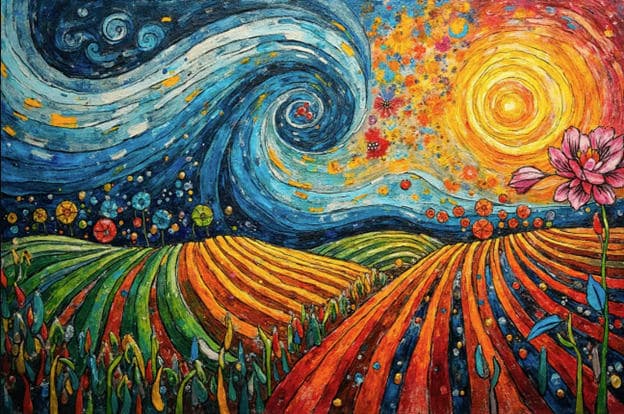Impasto Swirl Waves Field Lotus Flower Sun