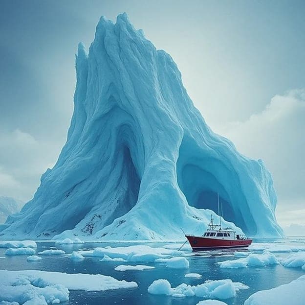 Iceberg Cave Arch Red Boat Ice Floes
